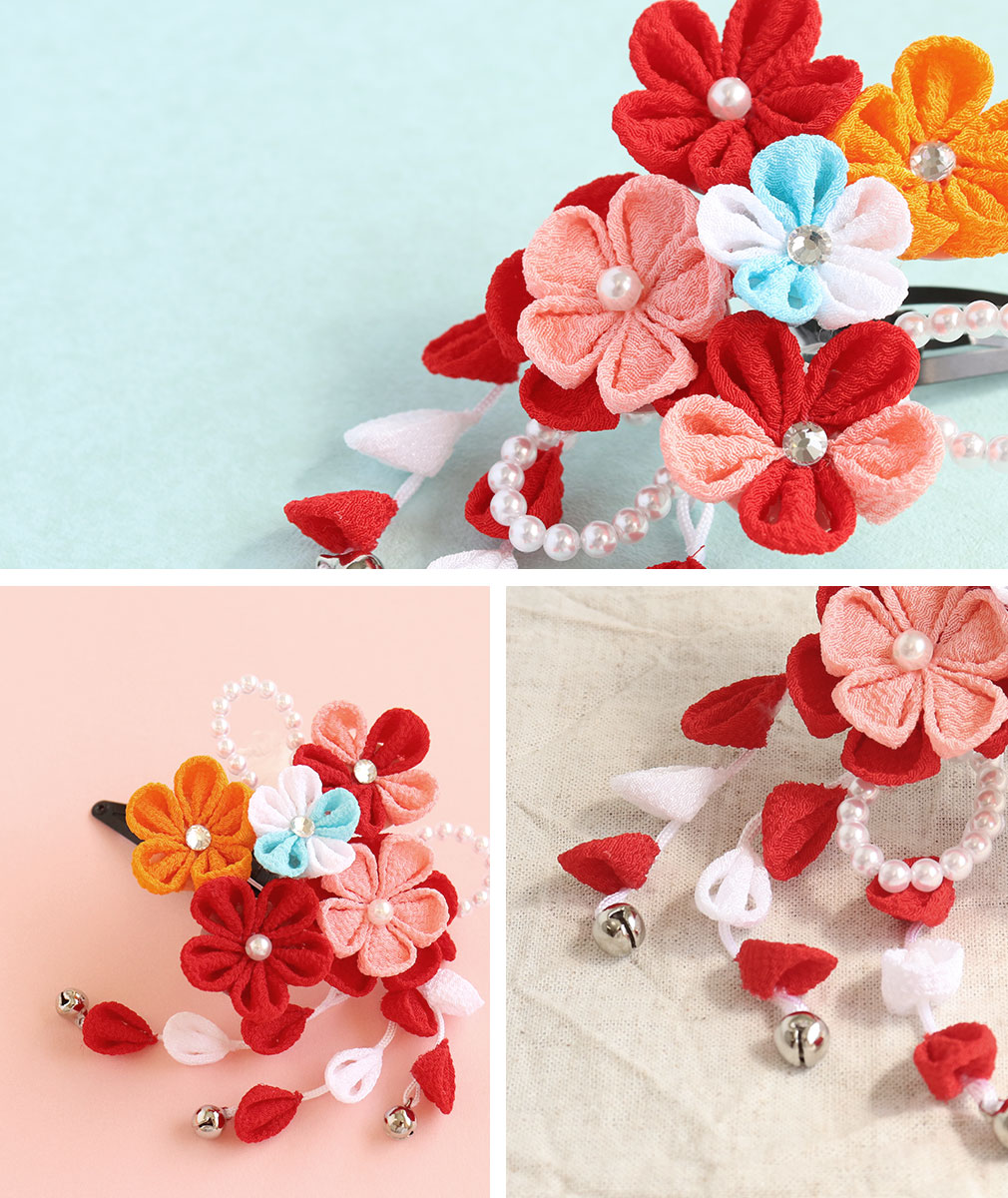七五三 髪飾り 3歳 7歳 女の子 1点セット 赤 ピンク クリップ 簡単 つまみ細工 