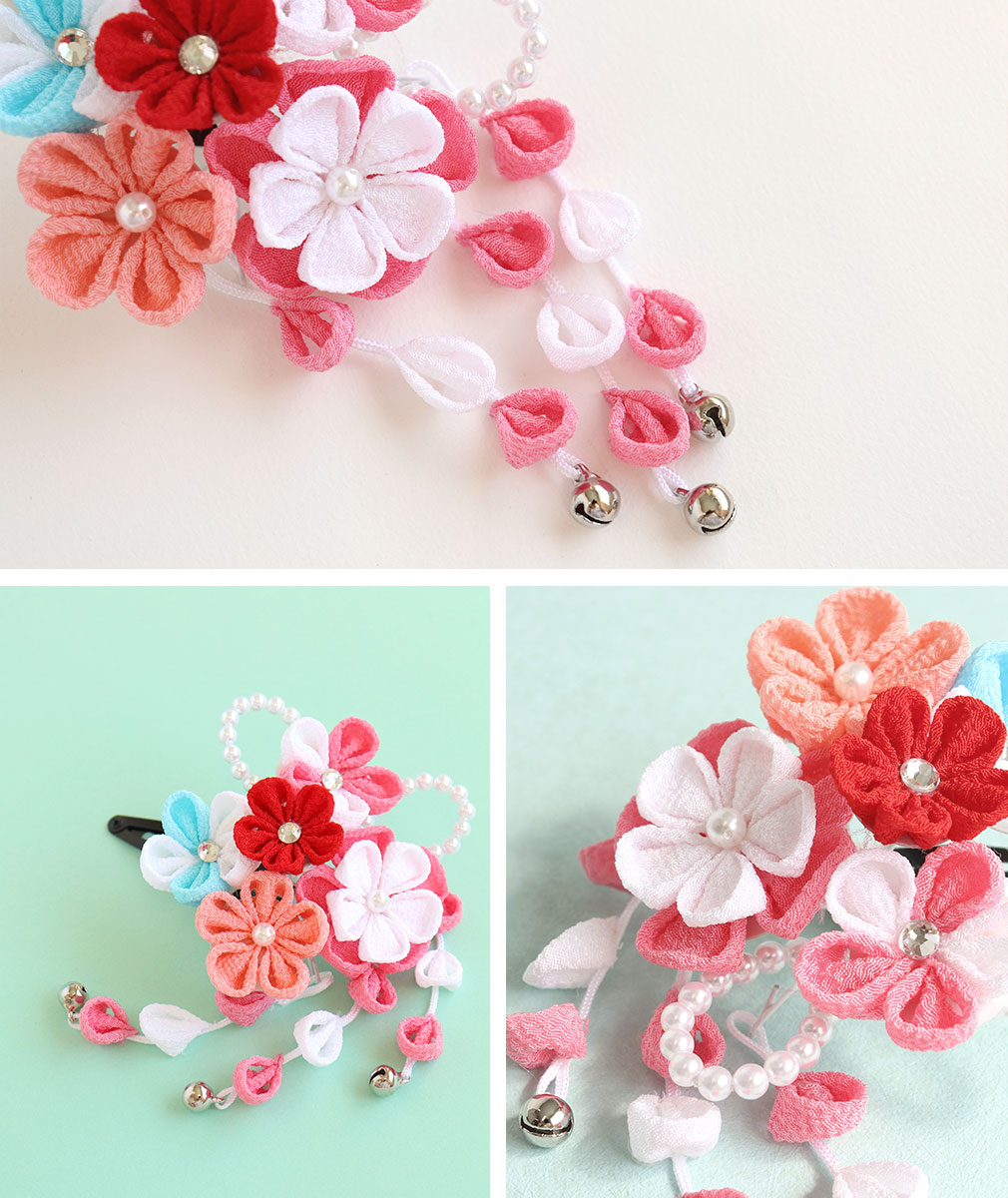 七五三 髪飾り 3歳 7歳 女の子 1点セット 赤 ピンク クリップ 簡単 つまみ細工 