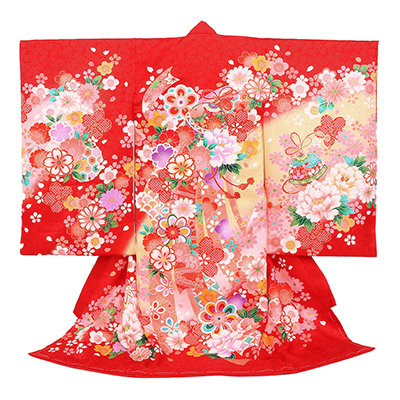 お宮参り 着物 女の子 産着 祝い着 赤 牡丹 鈴 桜 正絹 友禅 金駒刺繍