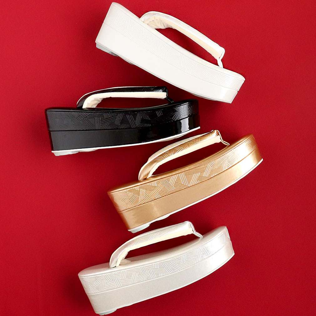 草履 成人式 振袖用 Mサイズ Lサイズ エナメル 金 銀 黒 白 幾何学 紗織謹製 厚底 日本製 モダン なだらか おしゃれ 袴