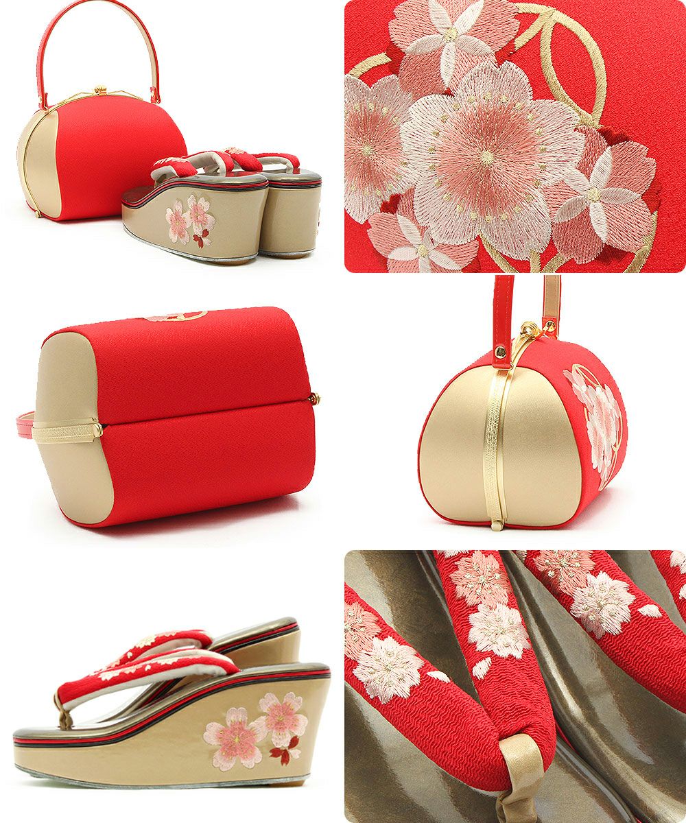草履バッグセット 振袖用 フリーサイズ Lサイズ 日本製 ＜桜と七宝刺繍