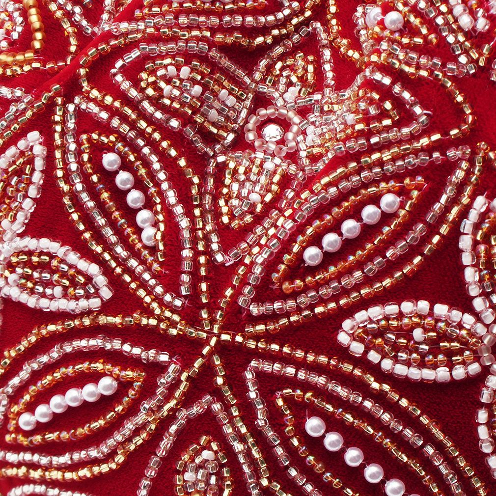 手刺繍ビーズバッグ 国産グラスビーズ レッド 七宝に華 ハンドバッグ