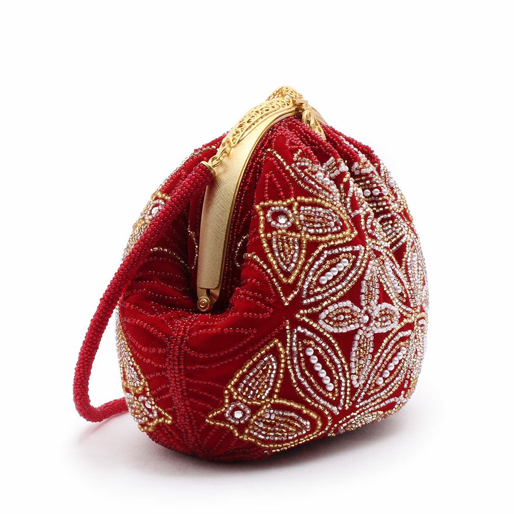 【美品】ビーズ総刺繍/ラインストーン/ ビジュー/口枠式/赤系色/ビーズバッグ Kisste（キステ） ビーズバッグ 手刺繍 国産グラスビーズ 赤 七宝に華