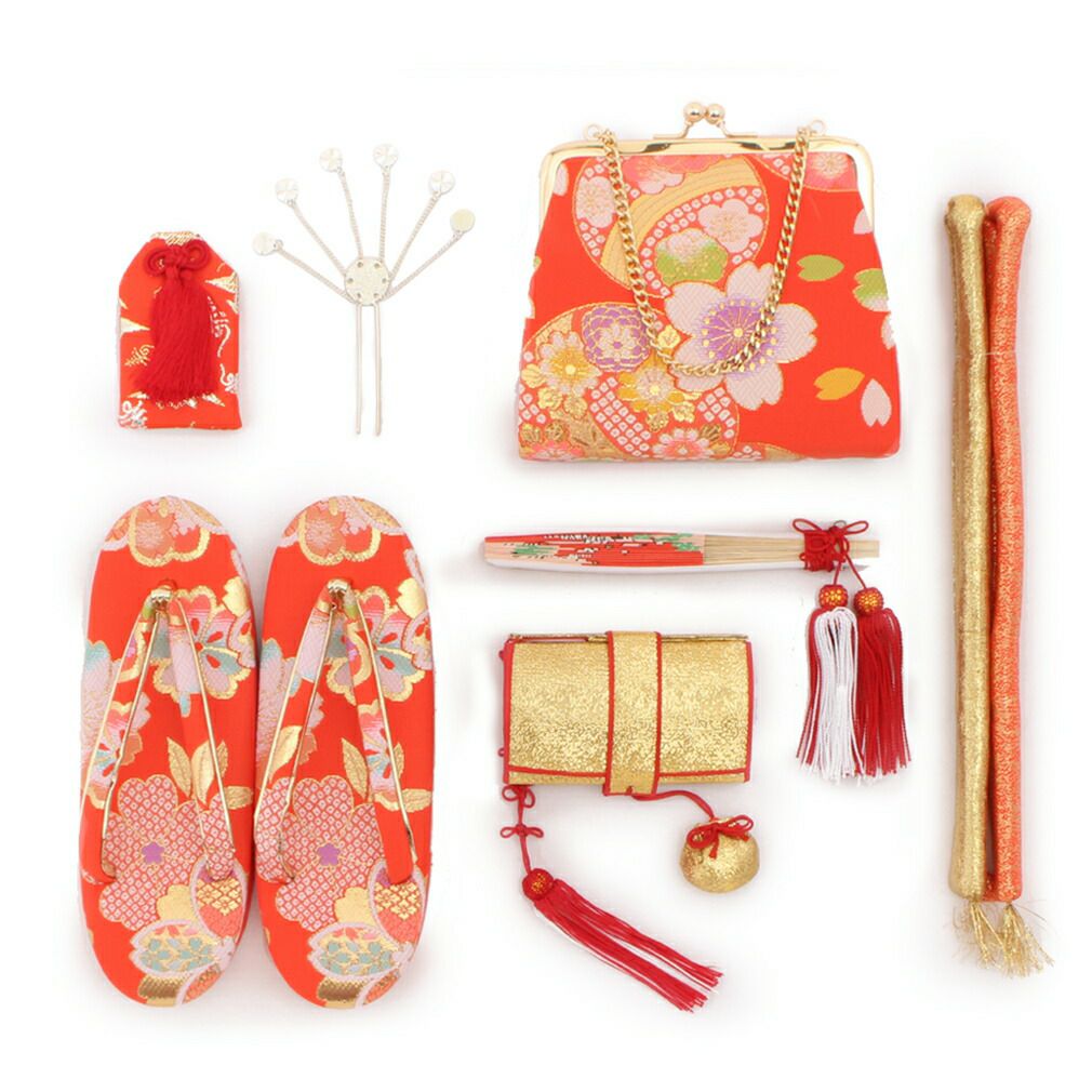 七五三》 はこせこ7点セット 草履サイズ：21cm ＜朱赤／鞠 桜＞ 7歳