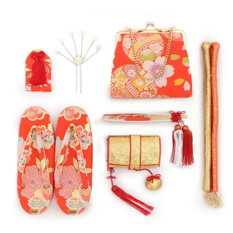 《七五三》はこせこ7点セット草履サイズ：21cm＜朱赤／鞠桜＞７歳女の子【はこせこハコセコ筥迫桃色紫毬まり7歳七歳7才七才セット草履ぞうりバッグビラ簪帯締扇子セット小物セット和装子供用雛祭りお正月】