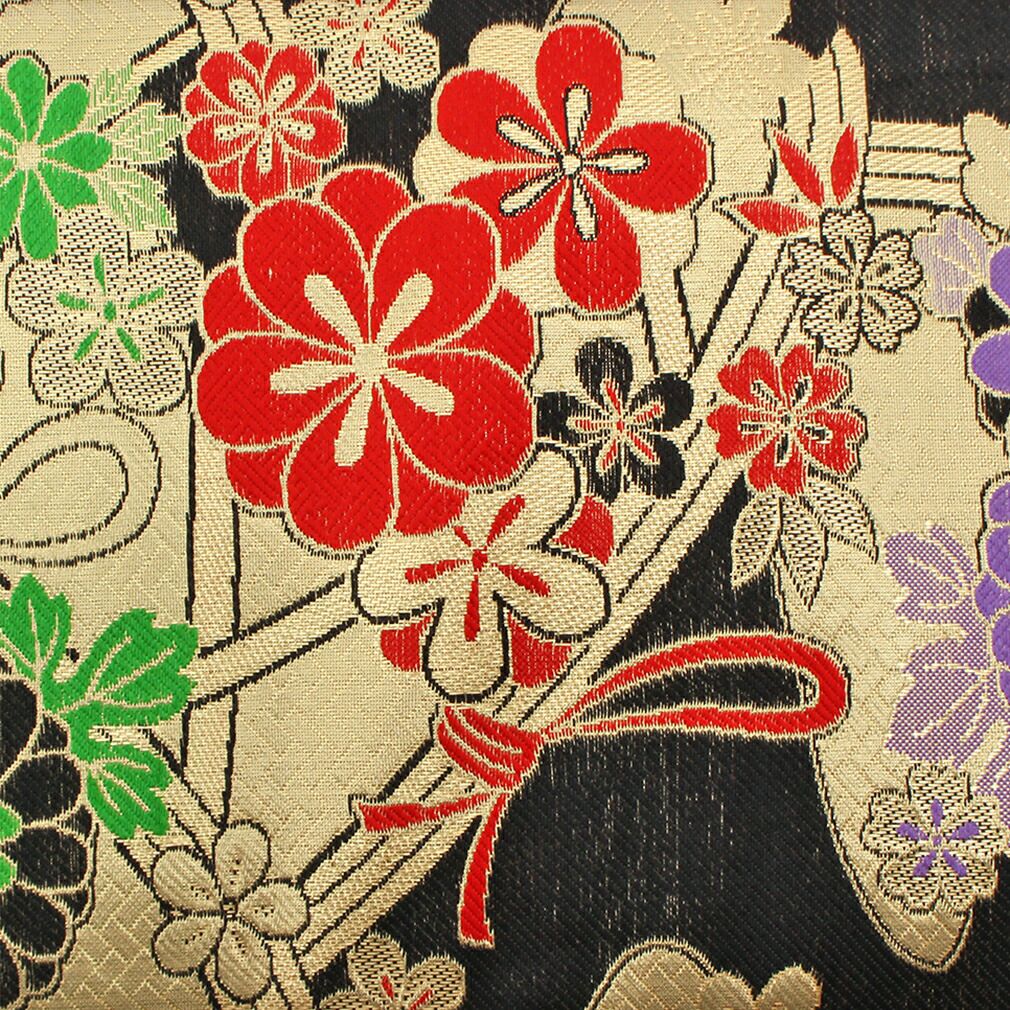 七五三》御祝帯 子供用 作り帯 正絹 日本製 ＜大寸＞ ＜黒／花々 几帳