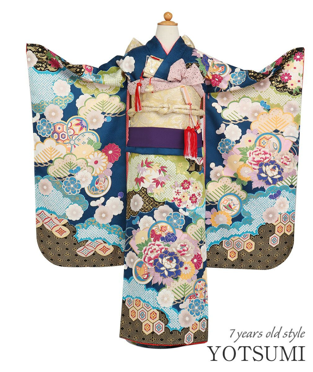 高級正絹 七五三 着物 女の子 紫 四つ身 牡丹 花籠 吉祥文様⁠ 七五三 着物 7歳 女の子 四つ身 長襦袢 重ね衿 ＜青／牡丹 雲取り 吉祥