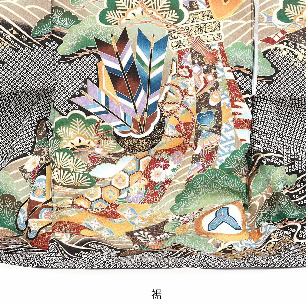お宮参り 着物 男の子 産着 祝い着 黒 鹿の子 疋田絞り風 正絹 のしめ