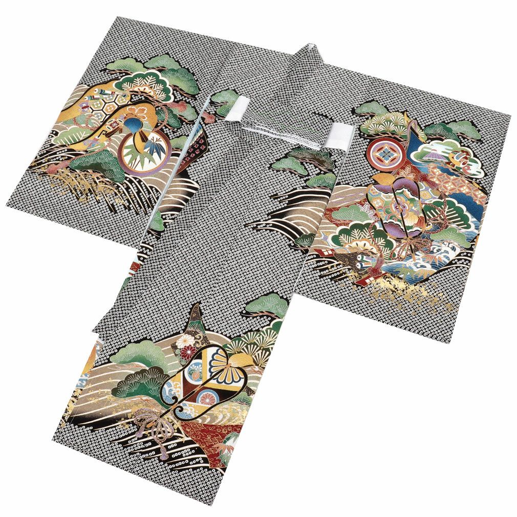 お宮参り 着物 男の子 産着 祝い着 黒 鹿の子 疋田絞り風 正絹 のしめ