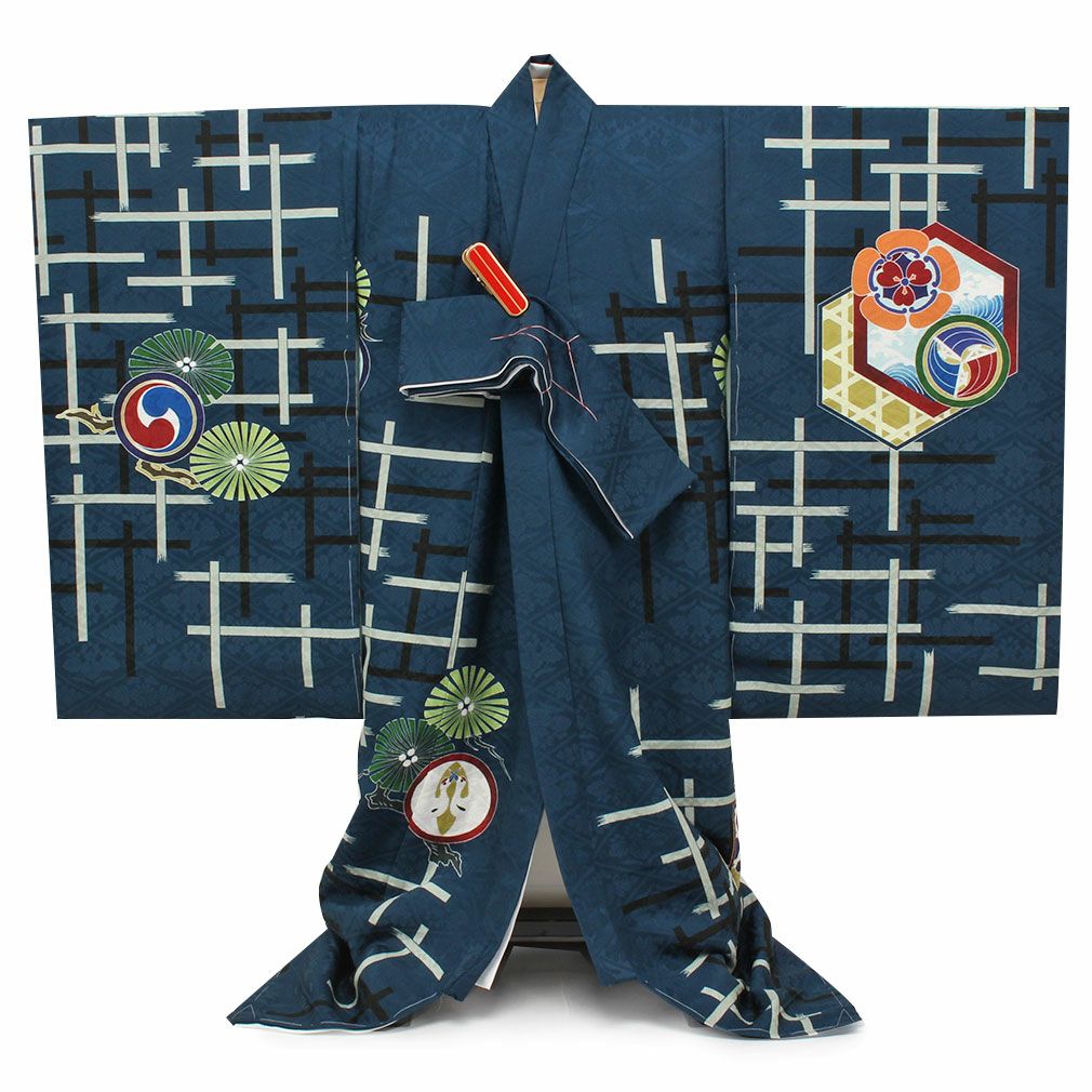 お宮参り 着物 男の子 産着 祝い着 紺 青紺 鷹 小槌 宝尽くし 刺繍
