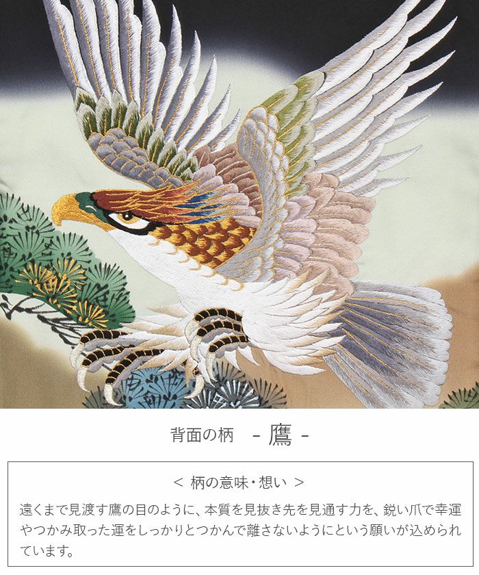 お宮参り 着物 男の子 産着 祝い着 黒 親子鷹 鷹 松 刺繍 金彩 正絹 の