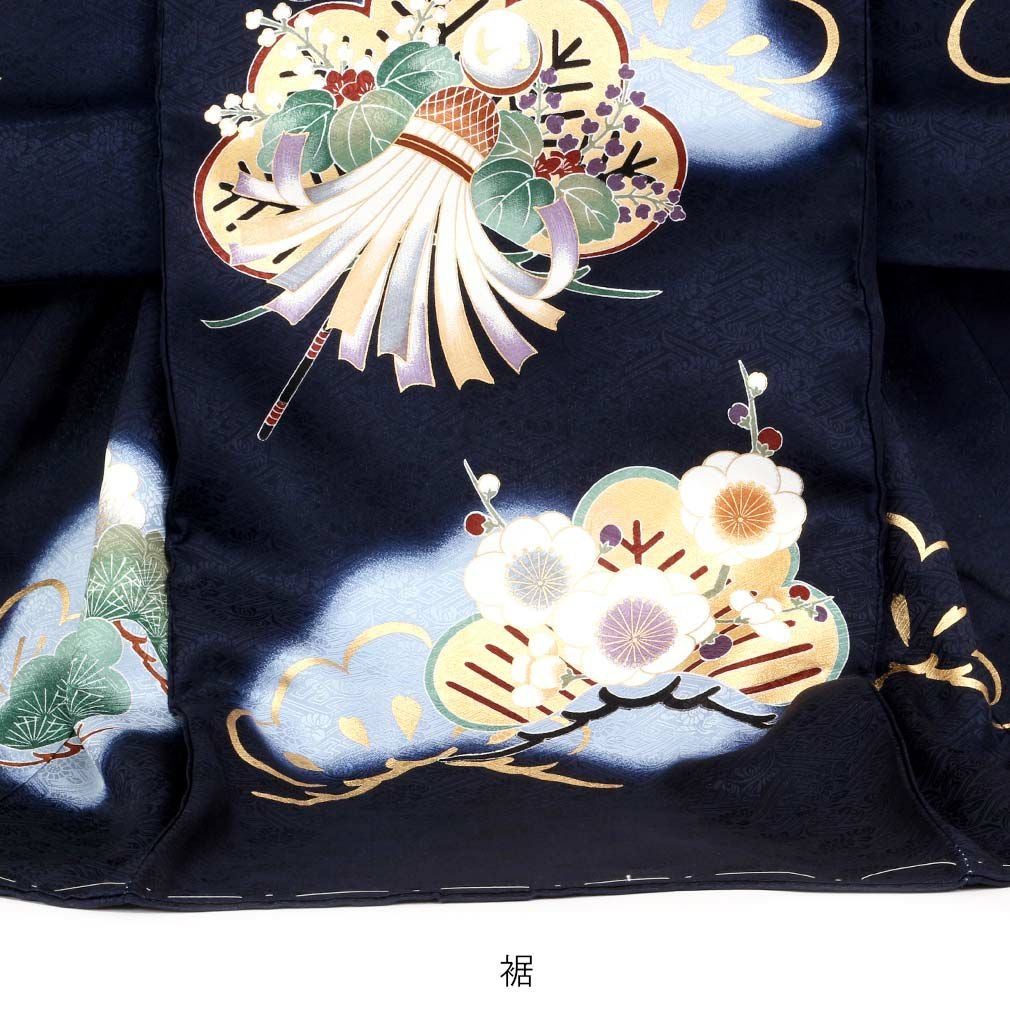 410ay4□お宮参り 男児 祝い着 着物 産着 掛け着 熨斗目 長襦袢付 鷹□ 男の子のお宮参り産着 祝い着「黒色 刺繍の鷹に松」正絹 熨斗目 のしめ