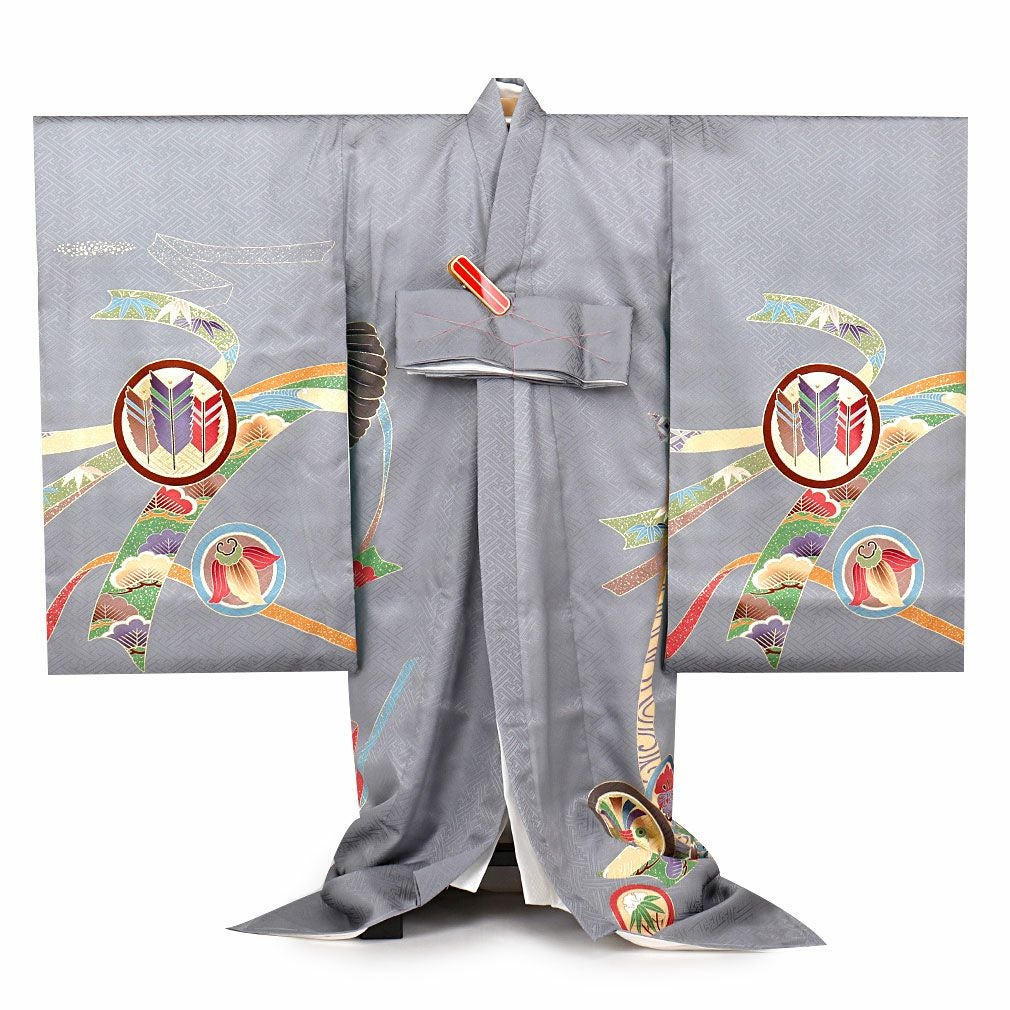 お宮参り 着物 男の子 産着 祝い着 グレー 鷹に兜 丸文 正絹 のしめ