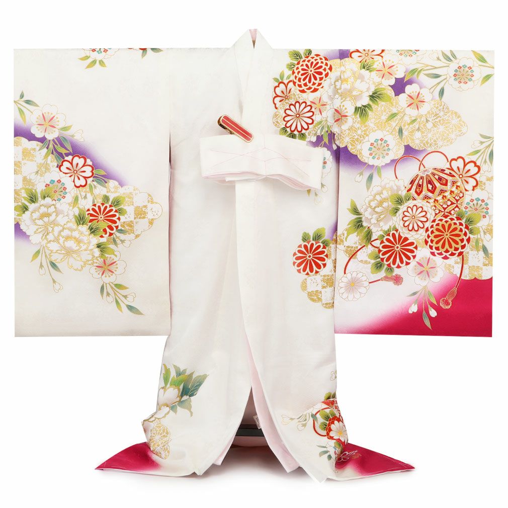 お宮参り 着物 女の子 産着 祝い着 白 紫 赤 まり 鞠 万寿菊 刺繍 正絹