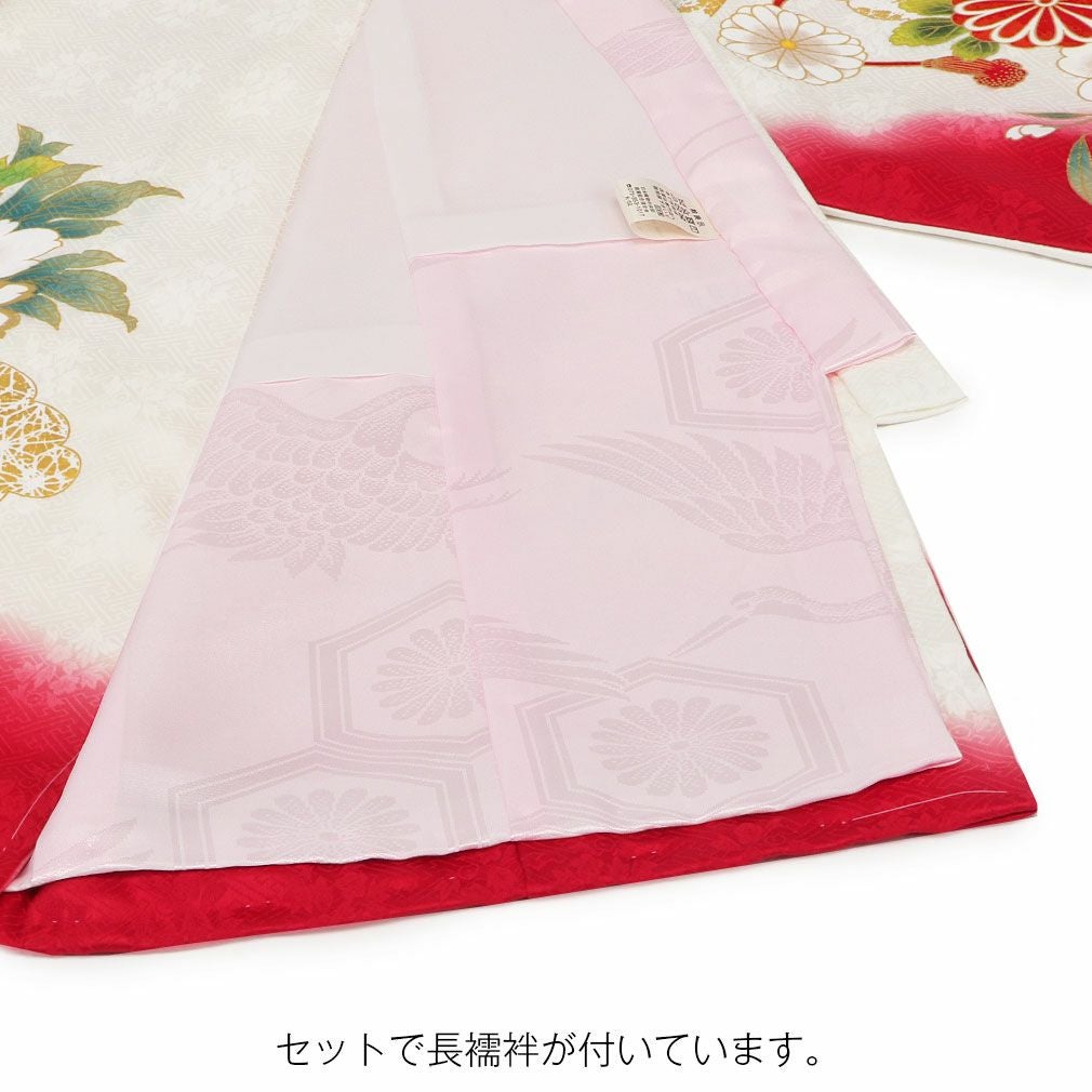 #12-028 ( 保管品 ) 合繊 女児 お宮参り着物 産着 花と毬 正絹] お宮参り 女の子 初着 産着 花尽くし鞠と檜扇 赤色 レッド 花柄