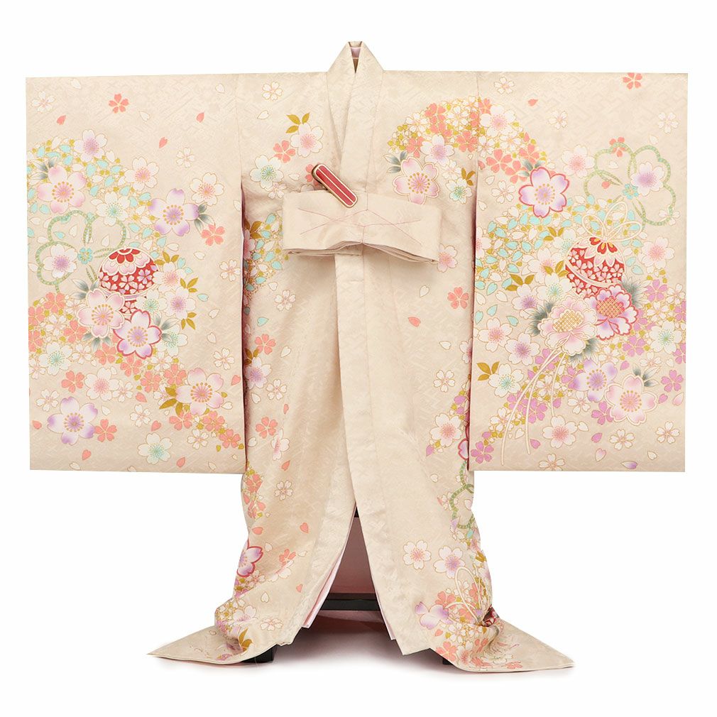 お宮参り 着物 女の子 産着 祝い着 薄ベージュ 薄橙 桃 藤 金 鈴 牡丹