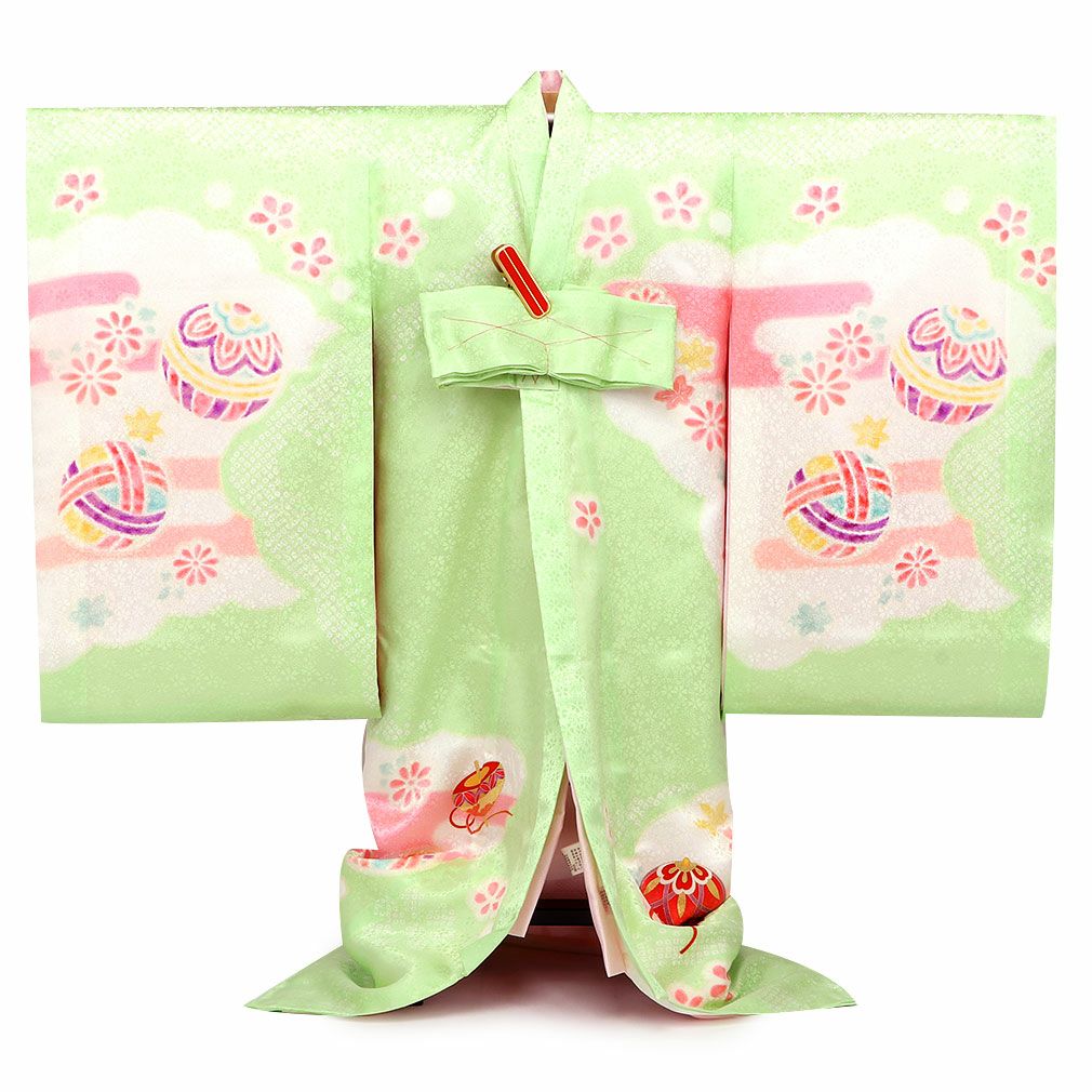 お宮参り 着物 女の子 産着 祝い着 黄緑 鞠 毬 束ね熨斗 菊 桜 疋田