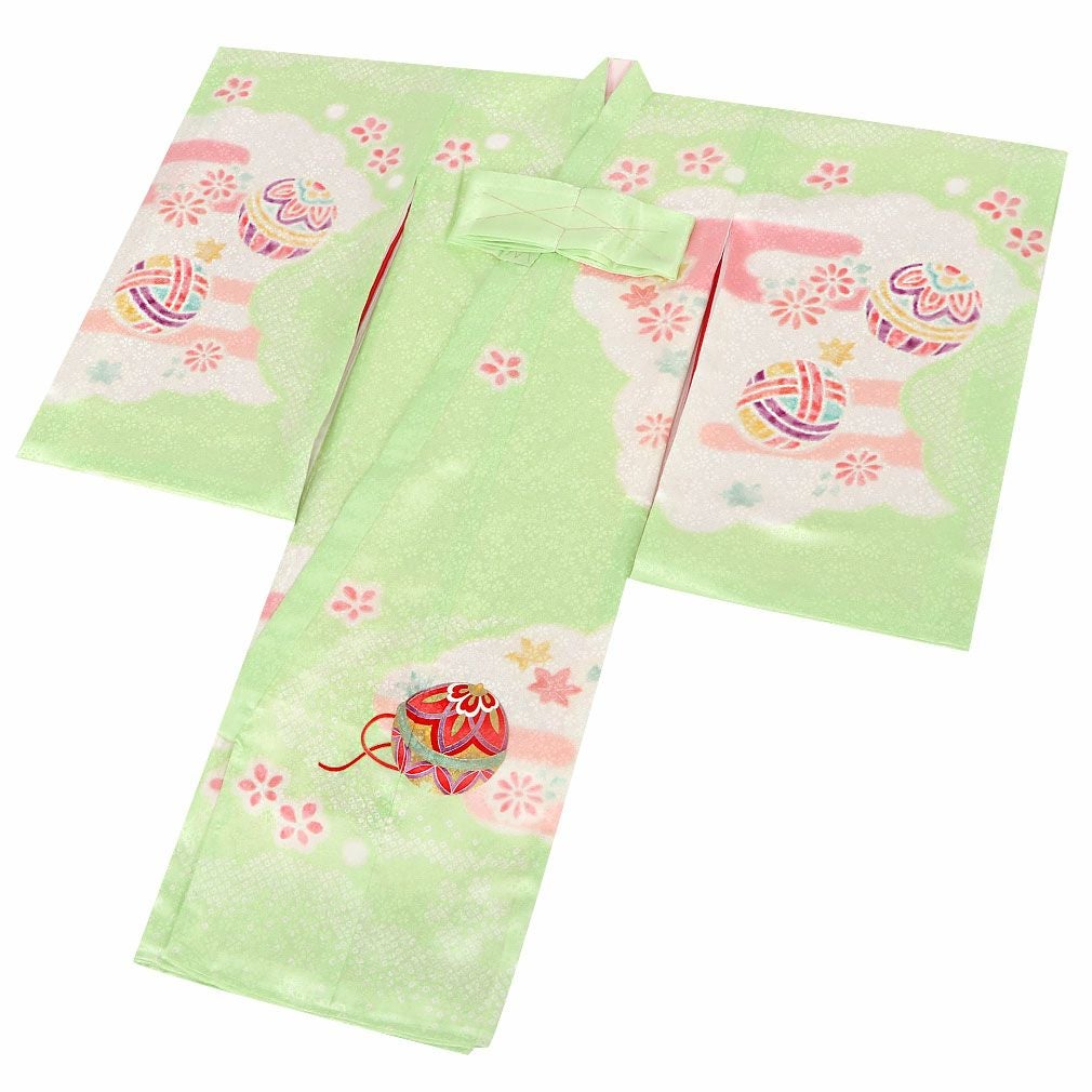 お宮参り 着物 女の子 産着 祝い着 黄緑 鞠 毬 束ね熨斗 菊 桜 疋田