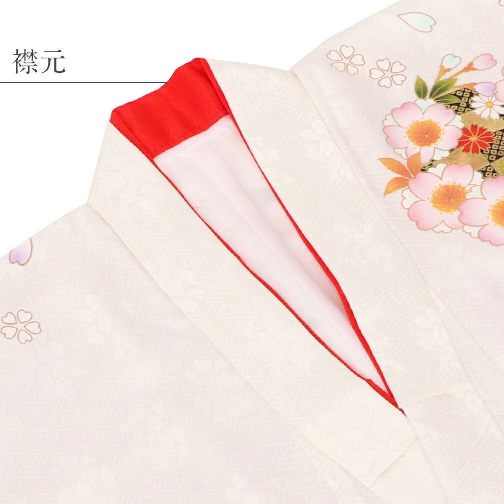 七五三》 四つ身着物3点セット 着物+長襦袢+重ね衿 ＜白 赤 ／鞠 牡丹