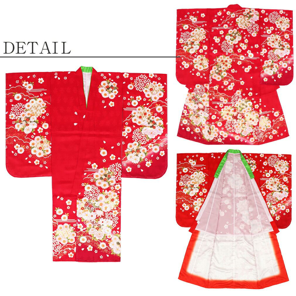 七五三》 四つ身着物3点セット 着物+長襦袢+重ね衿 ＜赤 ／鞠 牡丹＞ 7