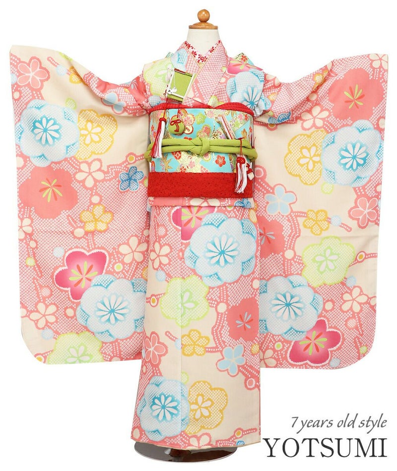 七五三薄紅四つ身四ツ身きもの着物7歳七歳おんなのこ伊達衿小花鹿の子吉祥紋くすみレトロモダンセット衣装小物和装子供用ニュアンスカラー