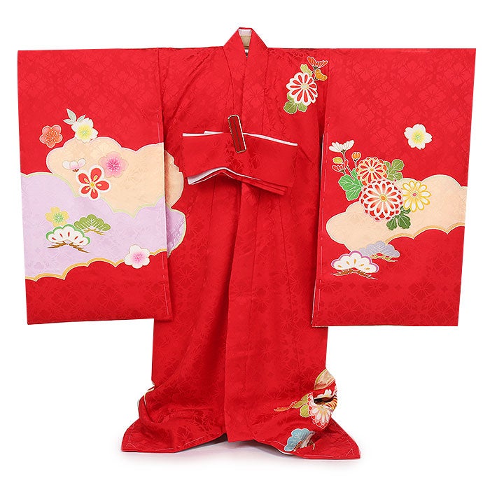 お宮参り着物女の子産着赤薄橙薄緑藤色レッド花車牡丹松梅鞠毬まり手書き友禅金駒刺繍正絹祝い着のしめ掛け着初着服装赤ちゃん販売