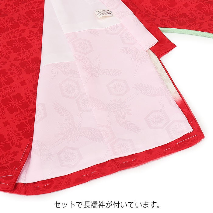 お宮参り着物女の子産着赤薄橙薄緑藤色レッド花車牡丹松梅鞠毬まり手書き友禅金駒刺繍正絹祝い着のしめ掛け着初着服装赤ちゃん販売