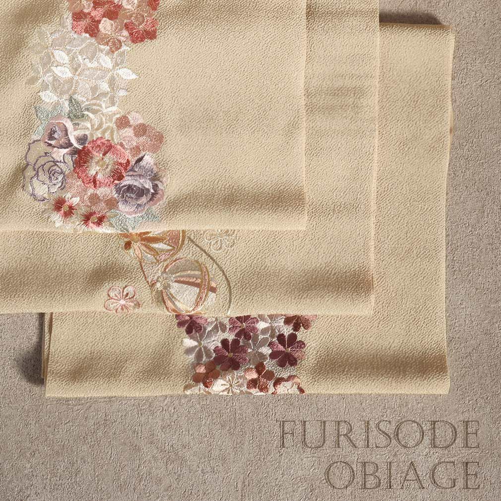 帯揚げ 振袖 成人式 ちりめん 刺繍 ポリエステル 全2色 ベージュ