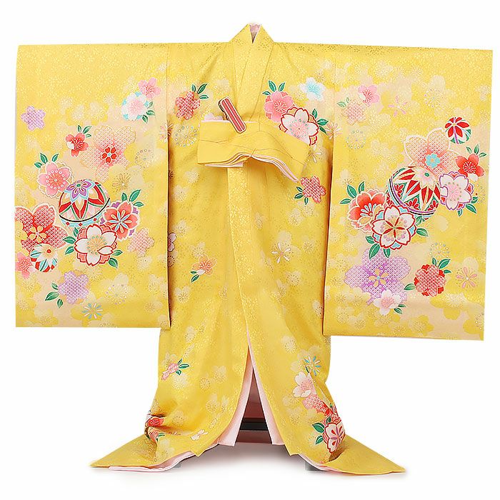 お宮参り 着物 女の子 産着 祝い着 黄色 牡丹 鈴 毬 正絹 友禅 金刺繍 新品
