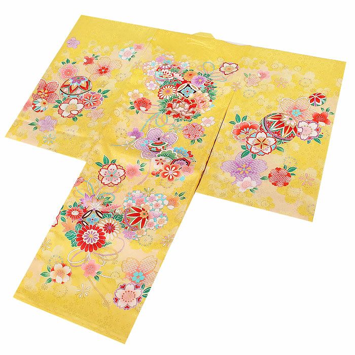 お宮参り 着物 女の子 産着 祝い着 黄色 牡丹 鈴 毬 正絹 友禅 金刺繍 新品