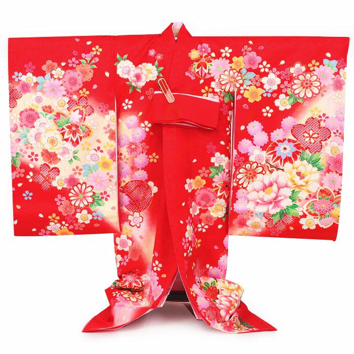 お宮参り 着物 女の子 産着 祝い着 赤 牡丹 鈴 桜 正絹 友禅 金駒刺繍