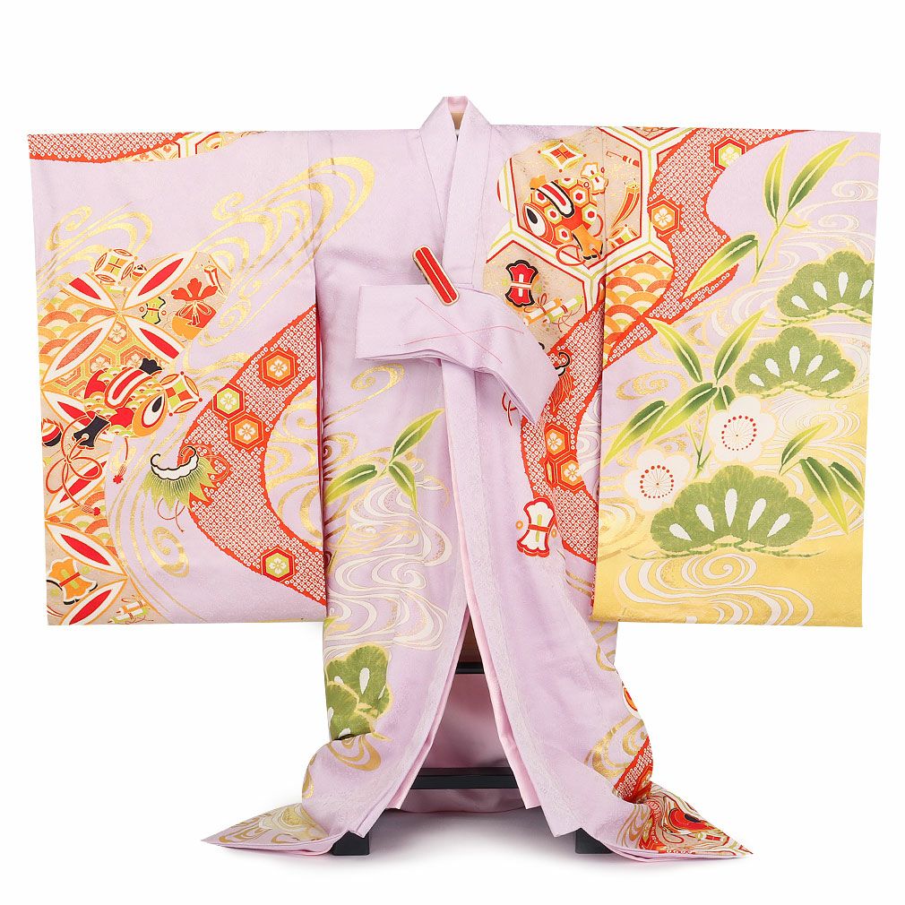お宮参り 着物 女の子 産着 祝い着 藤色 薄紫 金 対い鶴 宝尽くし 亀甲
