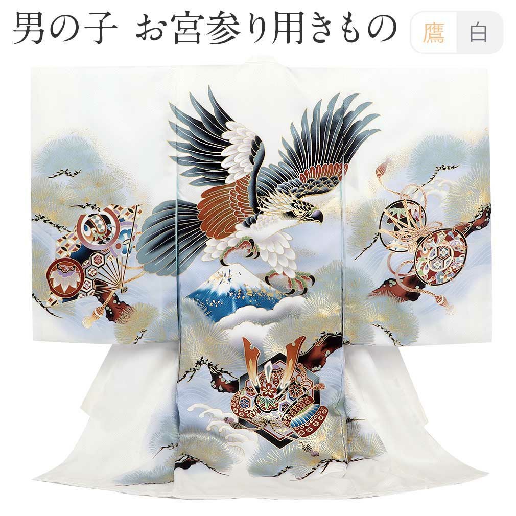豪華逸品♡産着　掛け着　熨斗目　男の子　お宮参り　鷹　白系 お宮参り 着物 男の子 産着 祝い着 白 鷹 富士山 兜 松 正絹 のしめ