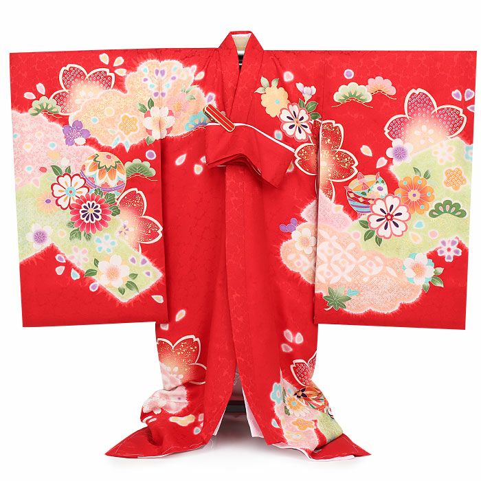 お宮参り 着物 女の子 産着 祝い着 赤 まり 鞠 糸巻 吉祥紋 桜 正絹