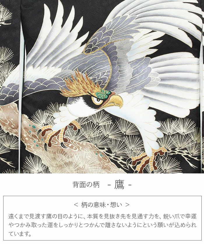 お宮参り 着物 男の子 産着 祝い着 黒 鷹 松 正絹 友禅 刺繍 箔使い
