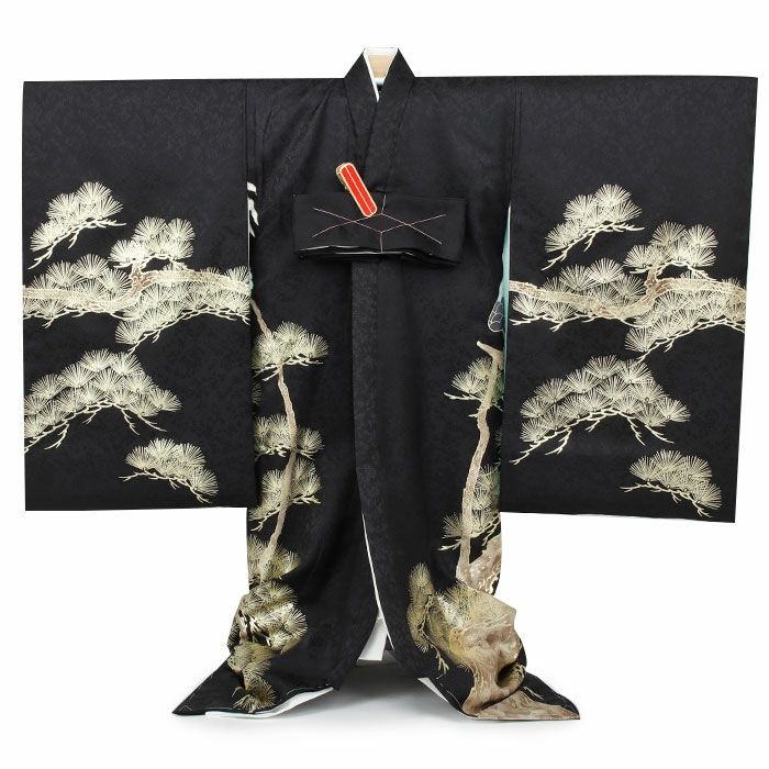 お宮参り 着物 男の子 産着 祝い着 黒 鷹 松 正絹 友禅 刺繍 箔使い