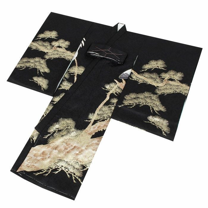 お宮参り 着物 男の子 産着 祝い着 黒 鷹 松 正絹 友禅 刺繍 箔使い