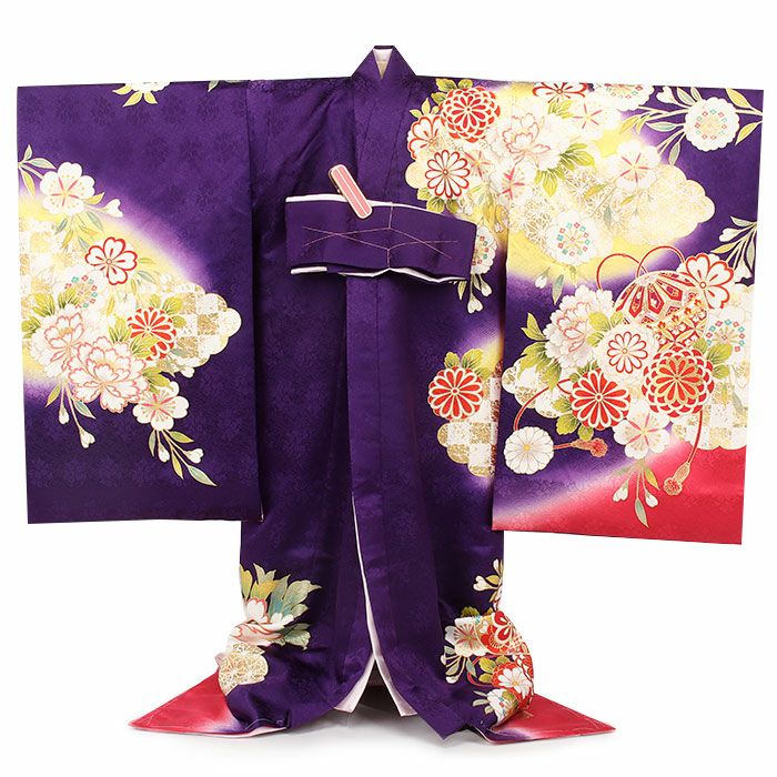 お宮参り 着物 女の子 産着 祝い着 紫 赤 鞠 万寿菊 牡丹 吉祥花 正絹