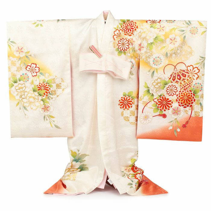 お宮参り 着物 女の子 産着 祝い着 白 橙 鞠 万寿菊 牡丹 吉祥花 正絹