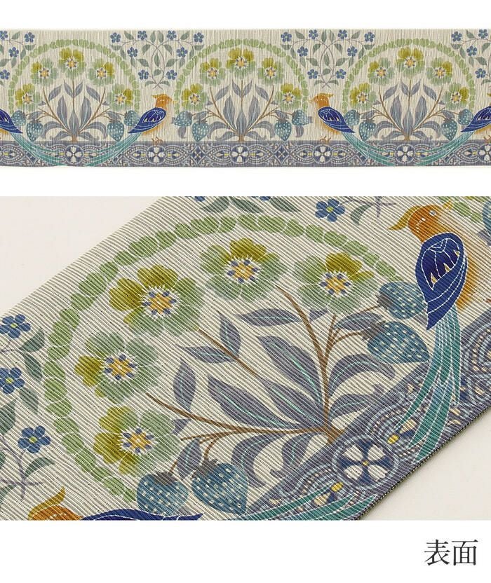 半幅帯長尺帯正絹リバーシブル召しませ花薄ベージュ苺いちご小鳥半巾帯絹日本製小紋紬街着両面細帯着物