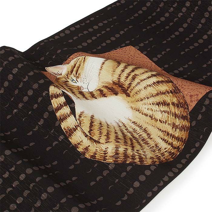 京袋帯 正絹 黒 アンモニャイト 猫 WAKKA 仕立て上がり おび なごや帯