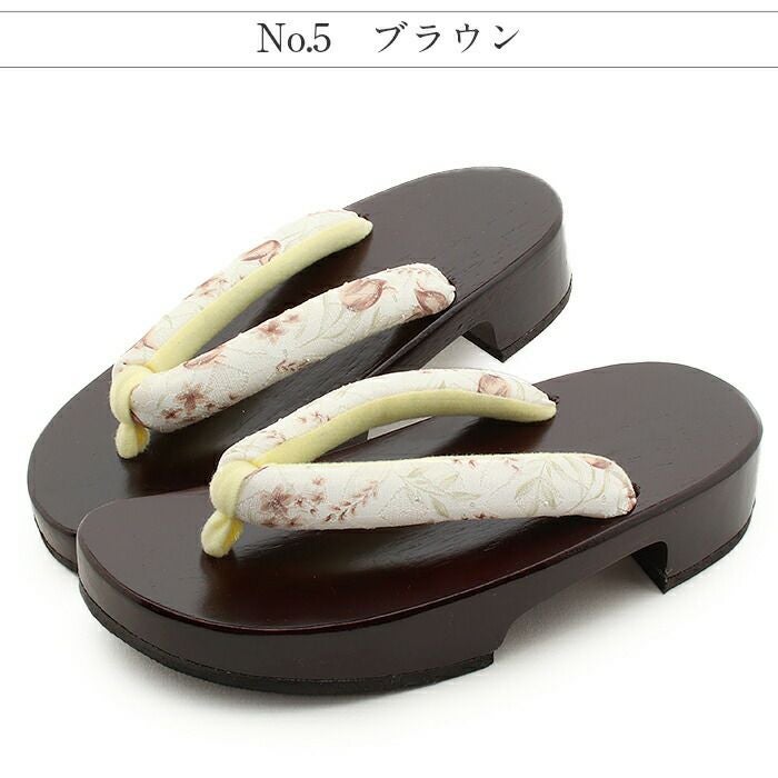 下駄レディース浴衣用ゆかた用焦げ茶台グリーンパープルブルーピンクブラウン花柄Freeサイズフリーサイズ全5色レース調鼻緒太め半月型塗下駄桐下駄女性女性用げた軽いふんわりカラーかわいいラメレースボタニカルフェミニン
