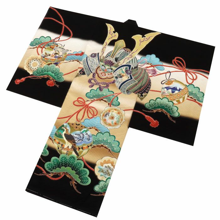 お宮参り　産着　祝着　黒　鷹　吉祥柄　五つ紋　男の子　襦袢付き 男の子のお宮参り産着 祝い着「黒 鷹、太鼓と車輪」熨斗目 のしめ