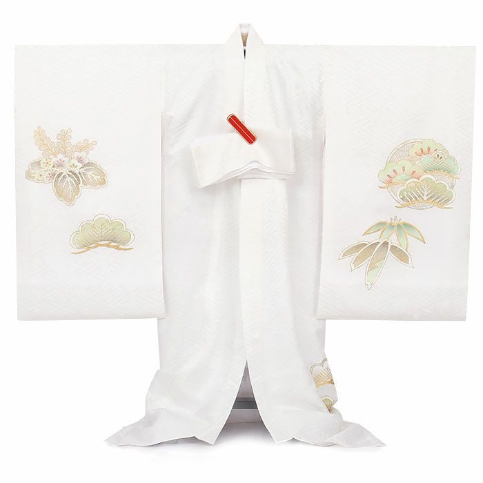 お宮参り着物男の子女の子男女兼用産着白ホワイト鳳凰桐松竹源氏車宝尽くし吉祥紋正絹友禅オーロラ箔箔づかい金彩新品日本製販売購入きもの祝い着のしめ掛け着初着祝着一つ身服装赤ちゃんベビー熨斗目ユニセックス片輪車波車