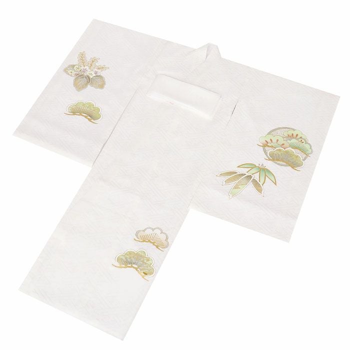 お宮参り着物男の子女の子男女兼用産着白ホワイト鳳凰桐松竹源氏車宝尽くし吉祥紋正絹友禅オーロラ箔箔づかい金彩新品日本製販売購入きもの祝い着のしめ掛け着初着祝着一つ身服装赤ちゃんベビー熨斗目ユニセックス片輪車波車