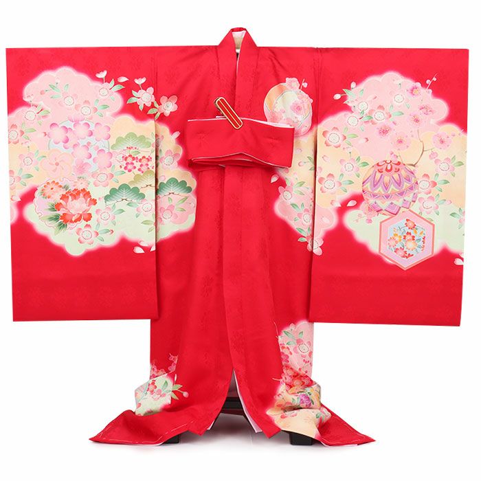 お宮参り 着物 女の子 産着 祝い着 赤 橙 ピンク 毬 姫 几帳 鶴 桜