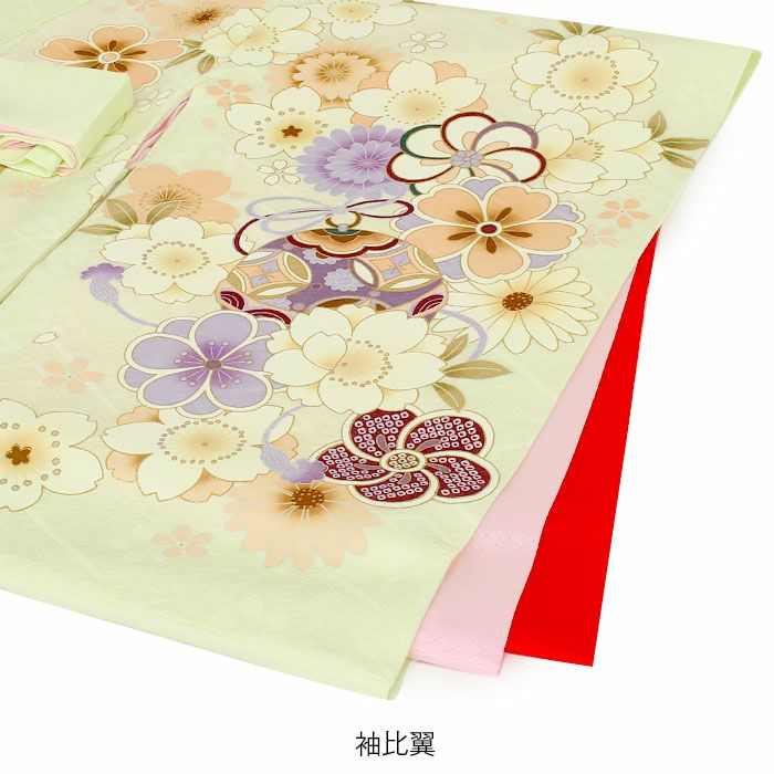 お宮参り 着物 女の子 産着 祝い着 淡黄緑 花車 桜 鈴 正絹 友禅 刺繍