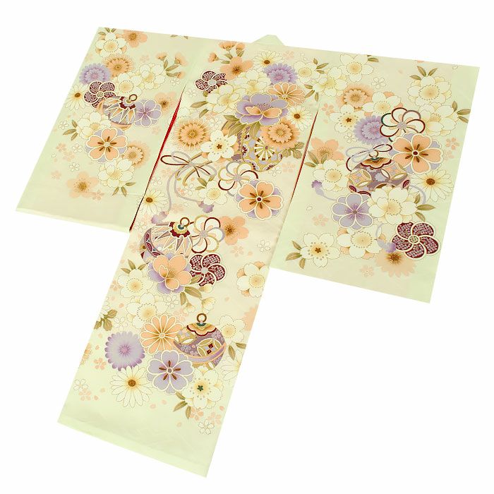 お宮参り 着物 女の子 産着 祝い着 淡黄緑 花車 桜 鈴 正絹 友禅 刺繍