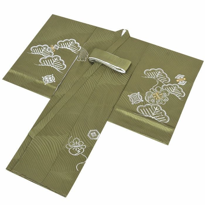 お宮参り用品 ken お宮参り 着物 男の子 産着 祝い着 渋緑 緑 抹茶 金 鷹 軍配 小槌 松