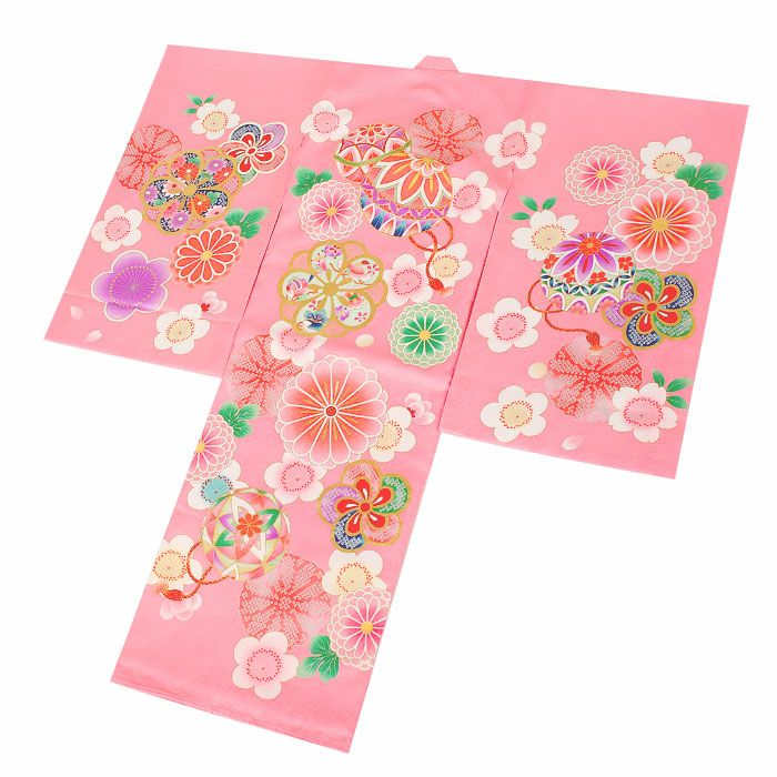 お宮参り 着物 女の子 産着 祝い着 桃 鞠 毬 ねじ梅 正絹 友禅 刺繍